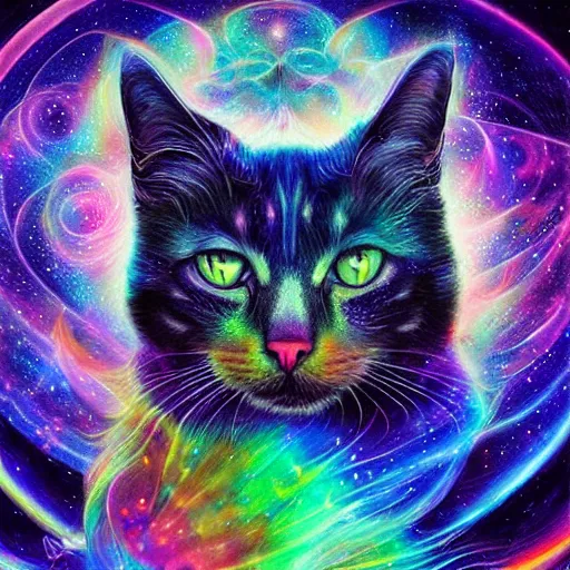 Image similar to a galaxy colored psychedelic chakra awakening kundalini ethereal portrait of a cat, eternal blessing, multiverse, by android jones, by ben ridgeway, visionary art, by artgerm, featured on artstation, cgsociety, by greg rutkowski