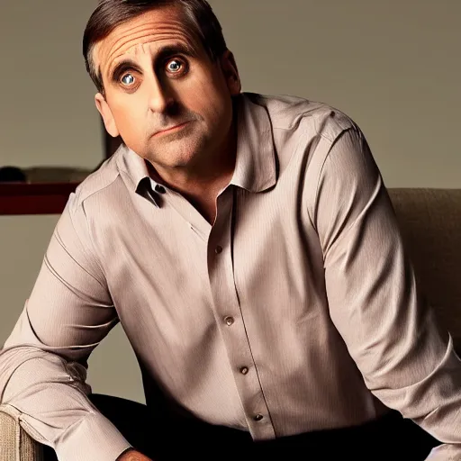 Image similar to full body photo of steve carell, mature male, mysterious face. he is sitting gracefully on a sofa, elegant slim beige shirt, tight shirt, bouncy belly