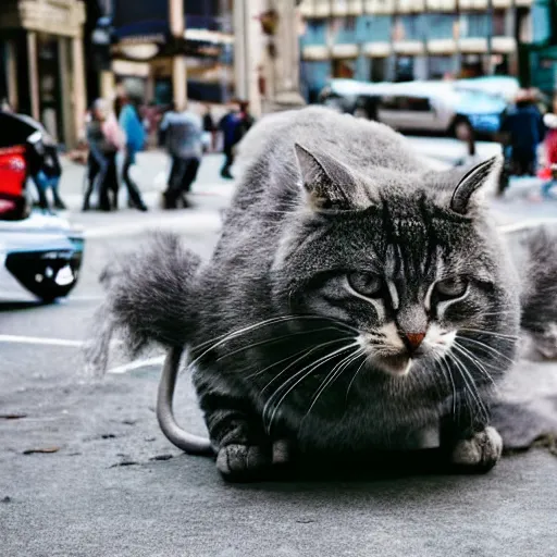 Prompt: giant crazy cat eating cars in big city.