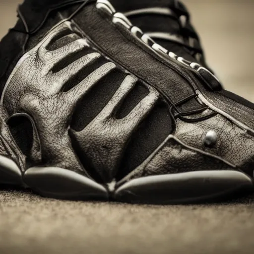 Prompt: marketing photography of a pair of fashion sneakers designed by HR Giger, dark ambient, fashionable, cool looking, evil,