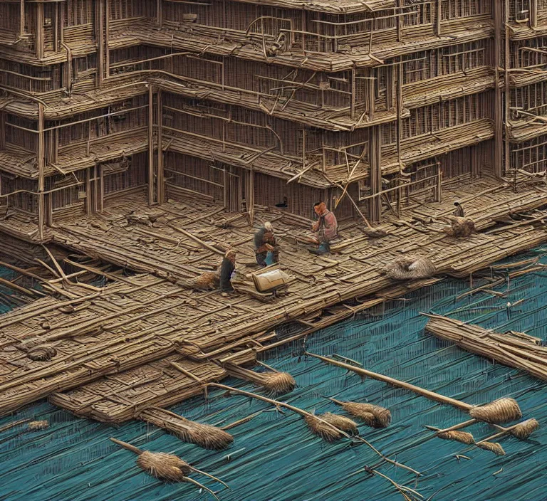 Image similar to photography hyperrealism concept art of highly detailed beavers builders that building highly detailed futuristic city with sticks by hasui kawase and scott listfield sci - fi style hyperrealism