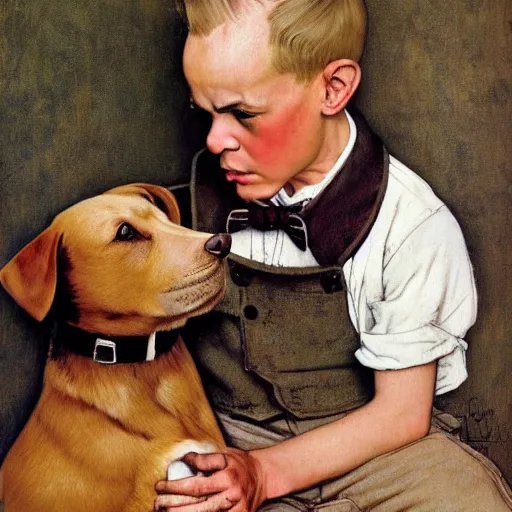 Prompt: A sad boy his hands at his face looking to a dog, artwork by Norman Rockwell, cinematic view, high quality