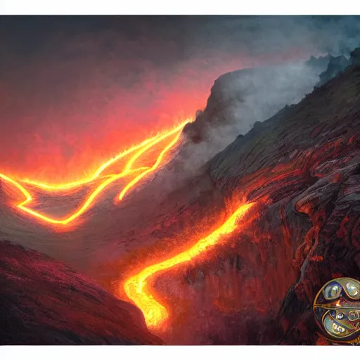 Image similar to a mountain range with a lava tiver flowing through it by akihito tsukushi, backlight, rim lighting, deep focus, d & d, fantasy, intricate, elegant, highly detailed, digital painting, artstation, concept art, matte, centered, sharp focus, illustration, hearthstone, art by artgerm, greg rutkowski and alphonse mucha