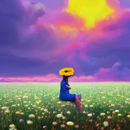 Image similar to giant daisy flower as head, girl sitting in a flower field, surreal photography, sunrise, dramatic light, impressionist painting, colorful clouds, digital painting, artstation, simon stalenhag