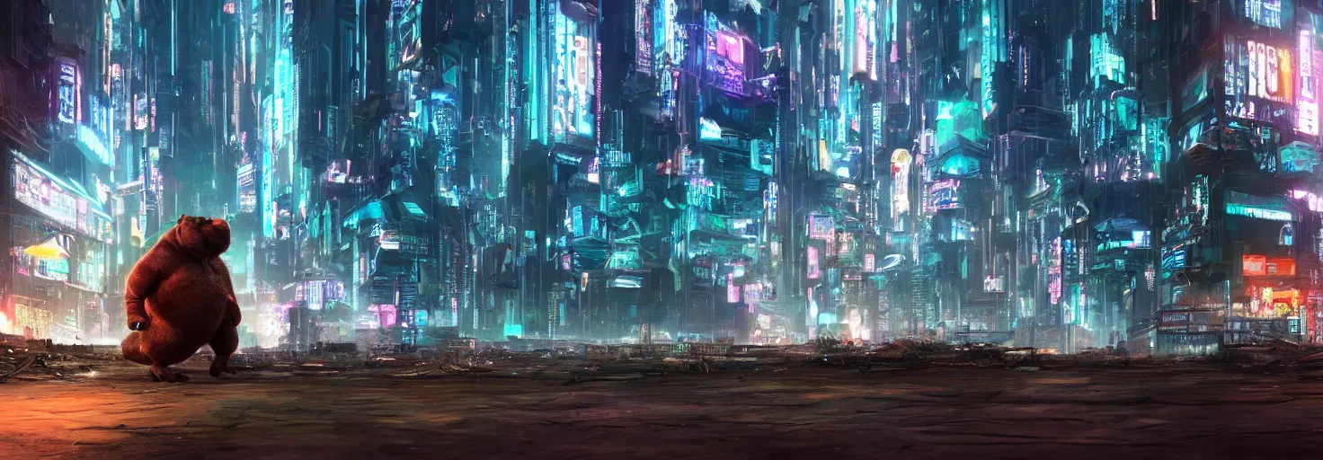 Image similar to photo of a big chungu roaming in a cyberpunk futuristic city