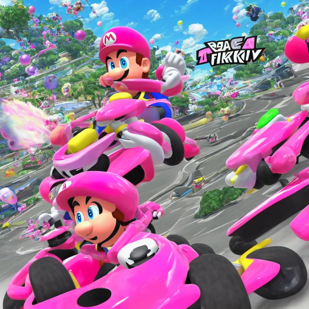 Prompt: race as pink fong in mario kart 8 deluxe