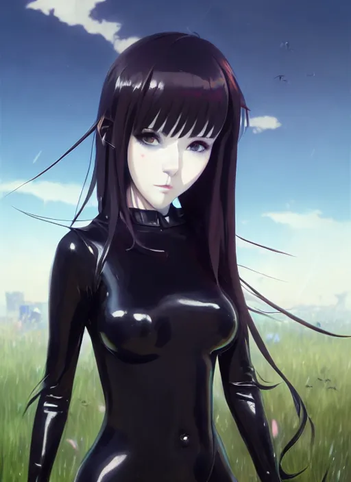 Prompt: portrait of cute goth girl in latex clothes, cloudy sky background lush landscape illustration concept art anime key visual trending pixiv fanbox by wlop and greg rutkowski and makoto shinkai and studio ghibli and kioto animation