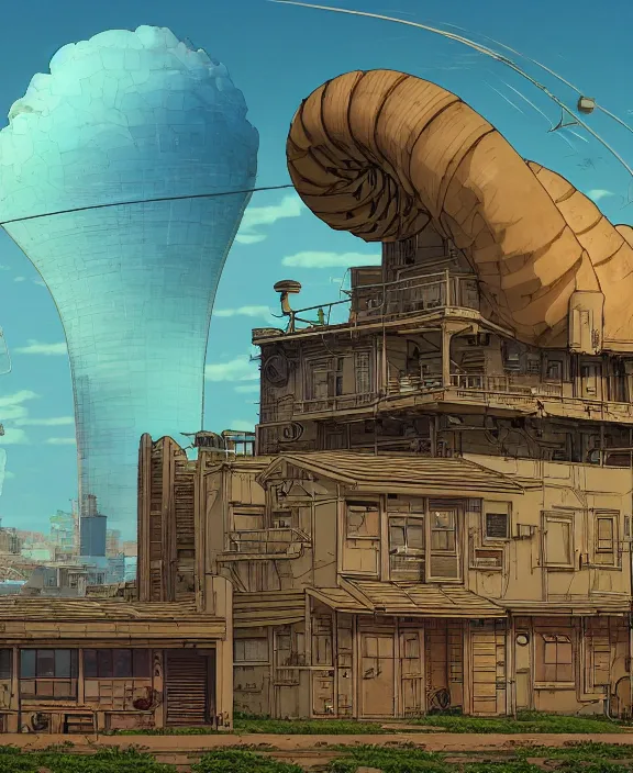 Prompt: simplicity, three buildings made out of nautilus isopods, in the style of power plant, partly cloudy, dramatic lighting, by geof darrow, bill sienkiewicz, dan mumford, yusuke murata, makoto shinkai, ross tran, cinematic, unreal engine, cel shaded, featured on artstation, pixiv