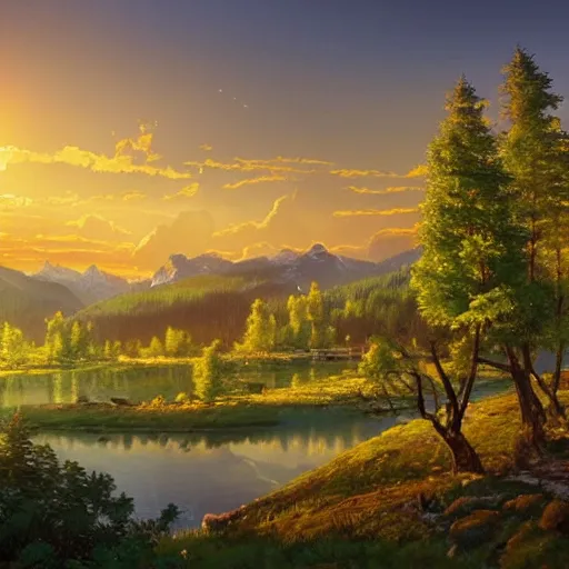 Image similar to a masterpiece detailed beautiful landscape of russian village, trees, lake, mountains, golden hour, sunset, by Makoto Shinkai and Ivan Shishkin