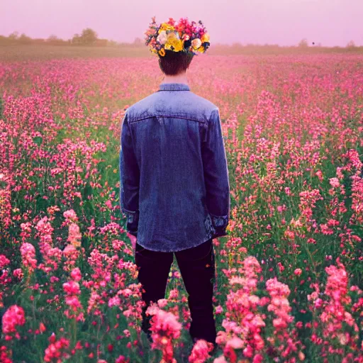 Image similar to kodak portra 4 0 0 photograph of a skinny blonde goth guy standing far back in a field of flowers, back view, flower crown, moody lighting, telephoto, 9 0 s vibe, blurry background, vaporwave colors, faded!,