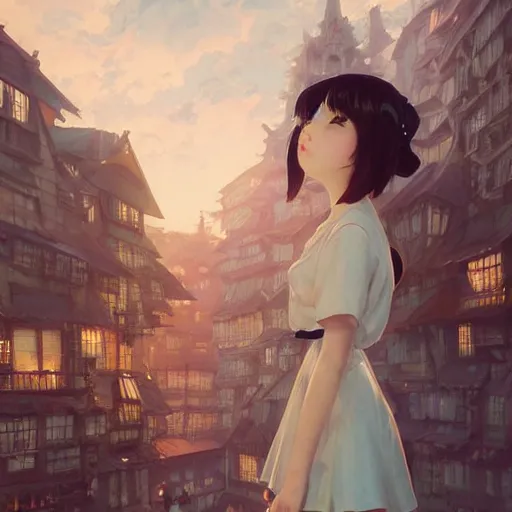 Image similar to a young woman in maid uniform by Stanley Artgerm Lau, WLOP, Rossdraws, Guweiz, Marc Simonetti, Studio Ghibli, krenz cushart, pixiv, background by James Jean and gustav klimt and John Marshall Gamble, 4k, volumetric lighting, french nouveau, trending on artstation, octane render, hyperrealistic