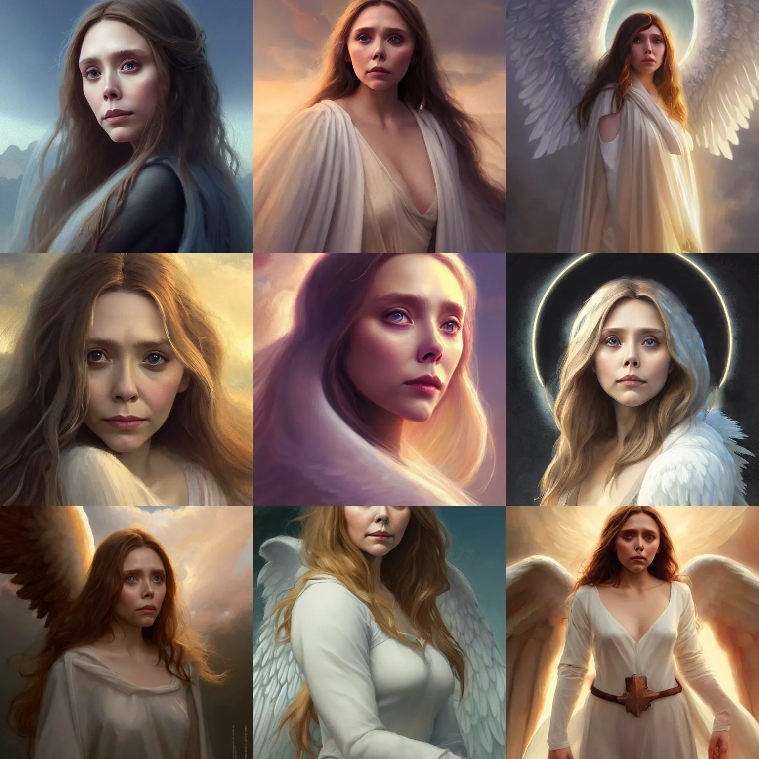 Prompt: elizabeth olsen as a heavenly angel, anatomy, highly detailed, digital painting, artstation, concept art, smooth, sharp focus, illustration, unreal engine 5, 8 k, art by art by artgerm and greg rutkowski and edgar maxence and gustave courbet