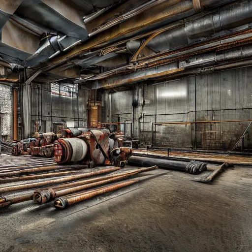 Image similar to an empty room with pipes and machinery, detailed color photograph, high quality