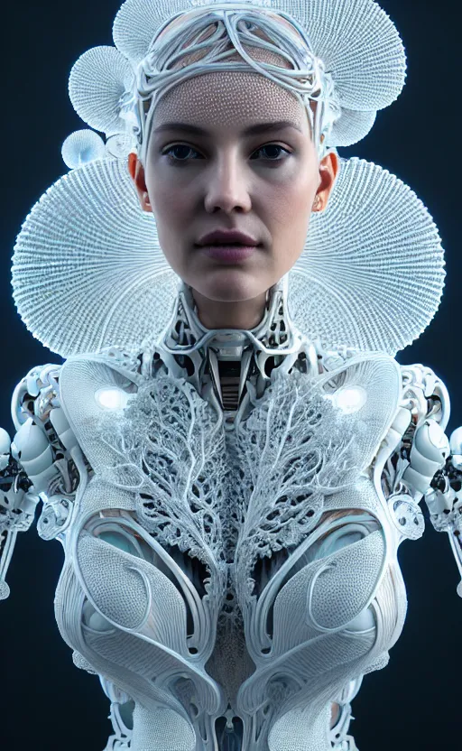 Image similar to intricate hyper detailed ultra sharp natural bright light 3 d render of a beautiful smooth porcelain fascinating cyborg woman portrait, medium shot portrait, alexandre ferra mecha, cyberpunk art nouveau haute couture huge fractal white silver gold mycelum and crystal pore fungi head ornaments, big embroidered leaves filigree spreaded roots, octane render, volumetric cinematic lighting, 8 k, vray tracing