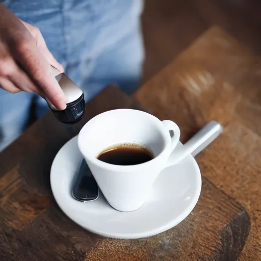 Image similar to manual coffee V60 brewing, with fellow stagg ekg, on a coffee table, product photography, ad campaign