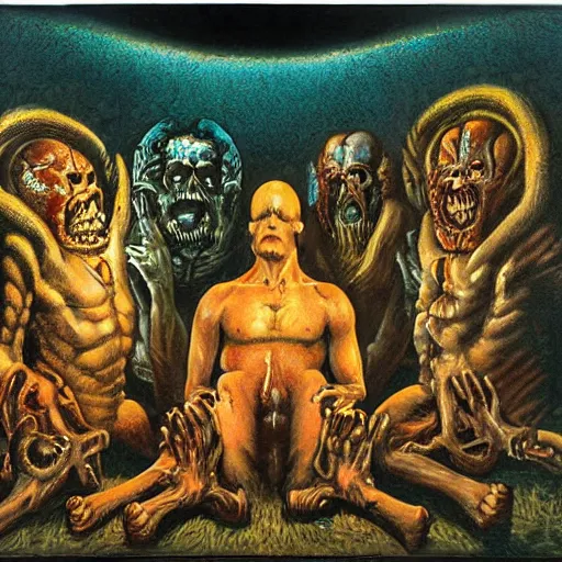 Image similar to disasterpiece mesmerizing inner sanctum of the most disturbing and beautiful truth, in the style of Jeff Easley, Grant Wood, Ken Kelly, – W 1024