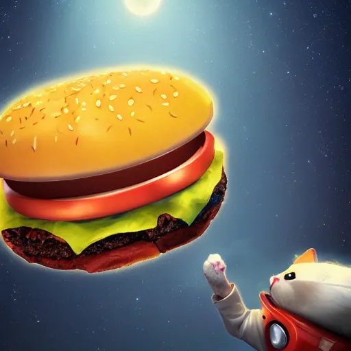 Prompt: cat in burger costume floating in space, digital art, trending on artstation 4k