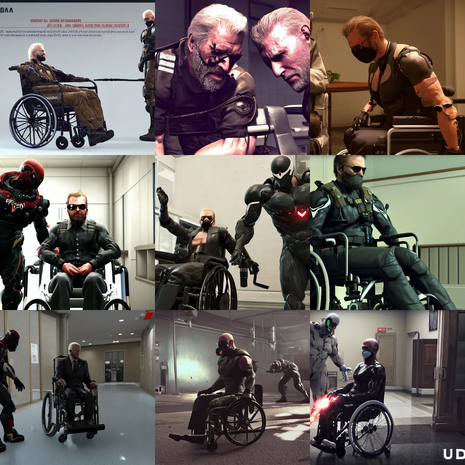 Prompt: MGSV Punished Venom Joe Biden in a nursing home wheelchair by Hideo Kojima, 4k, 8k, Unreal Engine, trending ArtStation