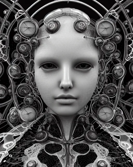 Image similar to mythical dreamy black and white organic bio-mechanical spinal ribbed profile face portrait detail of translucent steampunk beautiful female angelic-human-queen-vegetal-cyborg, highly detailed, intricate trnaslucent ivy jelly ornate, poetic, translucent roses ornate, 3D render, digital art, octane render, 8K artistic photography, photo-realistic, by Dora Maar