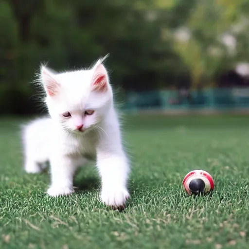 Prompt: a photograph of a white kitten playing with a ball in a park