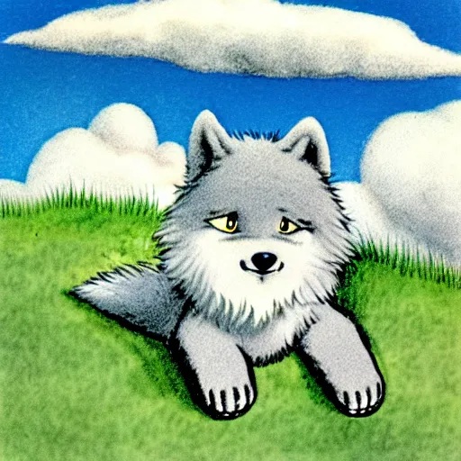Prompt: fluffy baby grey wolf sitting on a grassy hill with rocks around it looking up at the clouds, award winning illustration by maurice sendak