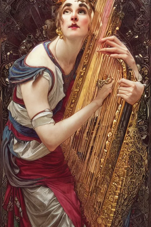 Prompt: a jester playing the harp, detailed full body portrait by james gurney and artgerm and Mucha, amazing detail, intricate, stunning inking lines, 4K, character design, concept art
