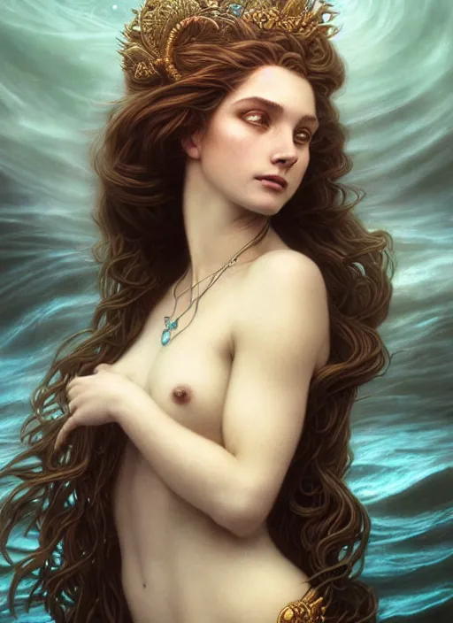 Image similar to goddess of the sea!! portrait of a seductive mermaid in underwater murky light, wind blown hair! fantasy esoteric, closeup, d & d, fantasy, intricate, elegant, highly detailed, digital painting, artstation, concept art, matte, sharp focus, illustration, art by artgerm and tom bagshaw and greg rutkowski and alphonse mucha