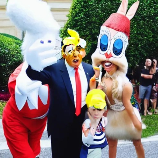 Image similar to paparazzi photo Donald Trump cosplay as Bugs Bunny! spying on children at a birthday party, high quality, good lighting, masterpiece, beautiful beautiful beautiful beautiful beautiful