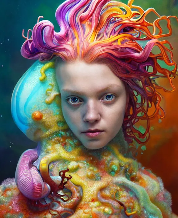 Image similar to colorful transparent portrait of a terrifying beautiful alien sea slug creature, mottled coloring, adorable, childlike, biopunk environment, ultra realistic, concept art, art nouveau, photorealistic, octane render, 8 k, unreal engine. art by christopher marley and artgerm and greg rutkowski and alphonse mucha