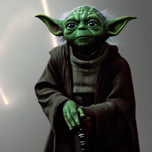 Image similar to a film still of yoda as a sith lord wearing black attire realistic, detailed