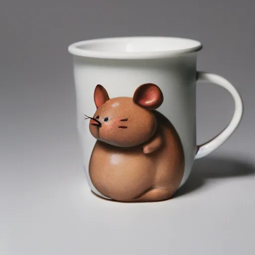 Image similar to a studio photoshoot of a collectible mug with fat mouse shape, special ceramic materials, Off-White, realistic, color film photography by Tlyer Mitchell, 35 mm, graflex