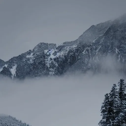 Image similar to a giant monster taller than the surrounding snow capped mountains emerging from the mist, award winning photography