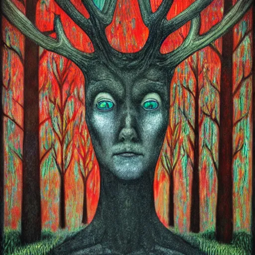 Image similar to A tall, dark forest god, with antlers, red eyes, forest, 3am, mist, moon, dark forest, red eyes in the style of Klimt