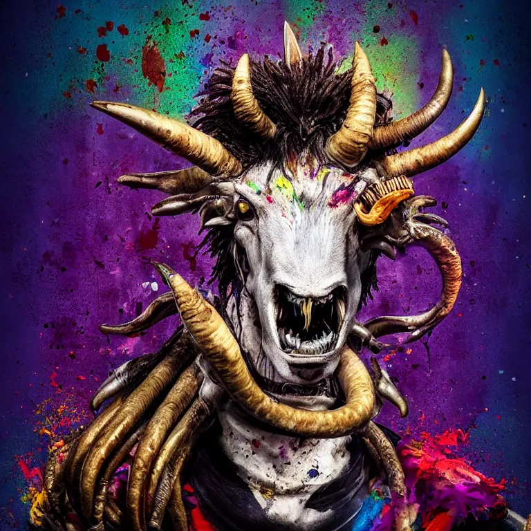 Prompt: game avatar portrait, cute xenomorph, cow head, lion mane, pig nose, sheep horns, splatter paint, desaturated rainbow color palette, symmetrical, golden ratio, rule of thirds, passport