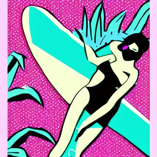 Image similar to vaporwave pop art surfer sloth illustration by patrick nagel