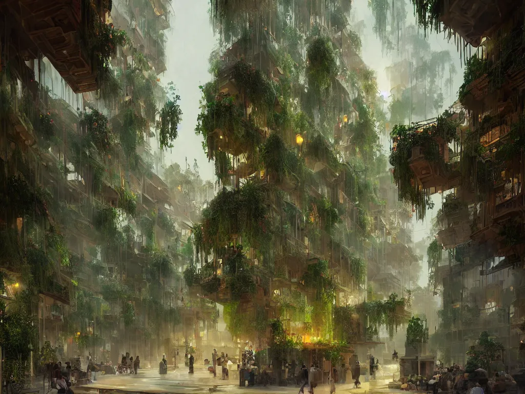 Image similar to the antique green city of babylon with its wonderful hanging gardens at dawn, intricate, elegant, volumetric lighting, digital painting, highly detailed, artstation, sharp focus, illustration, concept art, ruan jia, steve mccurry