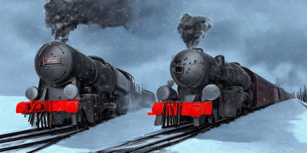 Prompt: ultra detailed and realistic painting of a heavy steam train in the snow under a blizzard, realistic style, inspired by very beautiful cute and colored disney movie backgrounds, bloom, high details, rendered in 8 k unreal engine