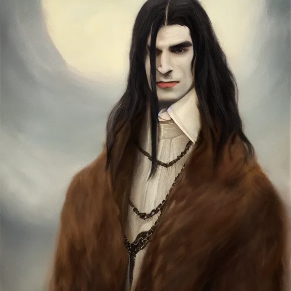 Image similar to long black hair handsome vampire lord wearing fur lined coat, portrait, oil on canvas, atmospheric, field of depth, fantasy, grim, dark, trending on artstation