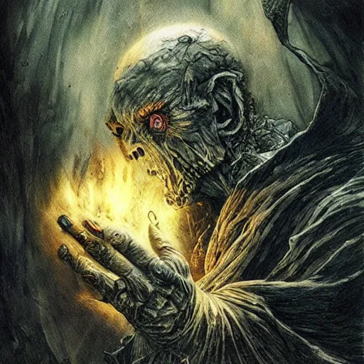 Prompt: the darkest fire, the brightest darkness, good and evil, epic, masterpiece, 8 k, 8 5 mm f / 1. 8 horror, flames, dark sci - fi, by bernie wrightson, by santiago caruso, by sabbas apterus