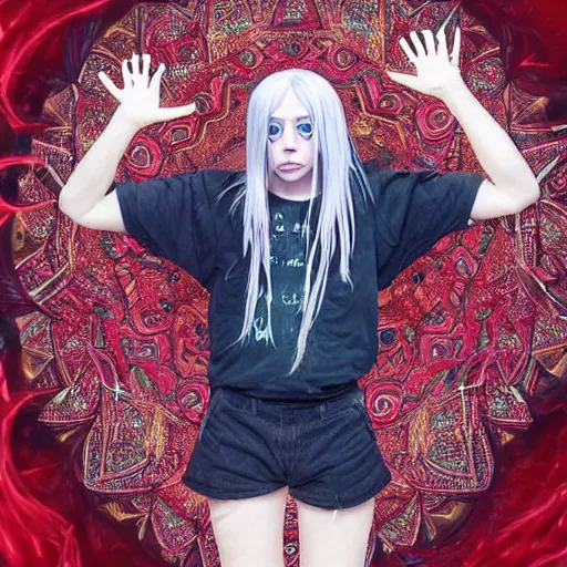Prompt: 4K headshot of godlike Billie Eilish with defined arms and open hands and bloody clothes with giant mandala wings , intricate runny clown face make-up , flawless anime cel animation by Kentaro Miura, psychedelic , highly detailed upper body , professionally post-processed , beautiful, scary, symmetry accurate features, epic, octane rendered, anime masterpiece, accurate