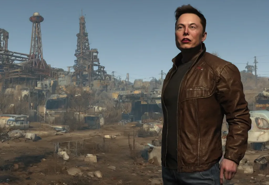 Image similar to elon musk in the video game in fallout 4, apocalyptic wastland, close up, 3 d rendering. unreal engine. amazing likeness. very detailed.