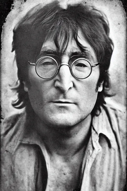 Image similar to john lennon, outlaw, full body, symmetrical features, silver iodide, 1 8 8 0 photograph, sepia tone, aged paper, sergio leone, master prime lenses, cinematic