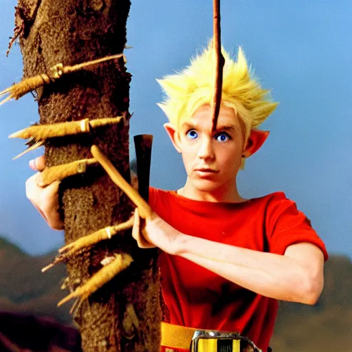 Image similar to a fantasy elf with spiky blonde hair wearing tan overalls and holding a stick of dynamite, high resolution film still, movie by Peter jackson