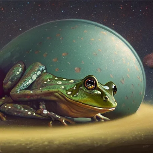 Image similar to long shot of a froggy alien, by esao andrews, by m. w. kaluta, by james web telescope, ultra humorous beautiful oil painting, cinematic space scenery, small depth of field, depth perception, volumetric light, rich colors, 3 d octane render, 8 k, conceptart, hyperdetailed, hyperrealistic, trending on artstation