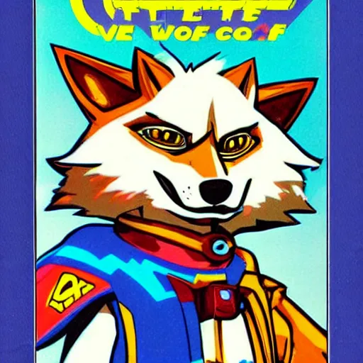 Image similar to 1 9 8 0 s video game art of anthropomorphic wolf o'donnell from starfox fursona furry wolf in a space cadet uniform, looking heroic, magazine scan, 8 0 s game box art, wolf o'donnell