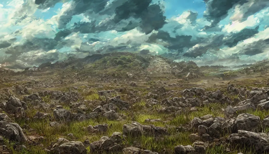 Image similar to the beautiful, chilling, mundane panoramic view of a field after war filled with dead soldier calvary and rocks at dusk. hyperrealistic anime background illustration by kim jung ki, borderlands, colorful, extremely detailed intricate linework, smooth, super sharp focus, bright colors, high contrast, matte, octopath traveler, unreal engine 5 highly rendered, global illumination, radiant light