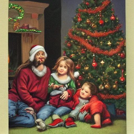 Image similar to “a merry Christmas card realistic painting of a happy family, in the foreground there’s a mother with two children on her lap, a boy and a girl. They’re smiling at the camera. There’s a decorated green Christmas tree and a log fire burning in the background. On the sofa is a scruffy homeless man sleeping.”