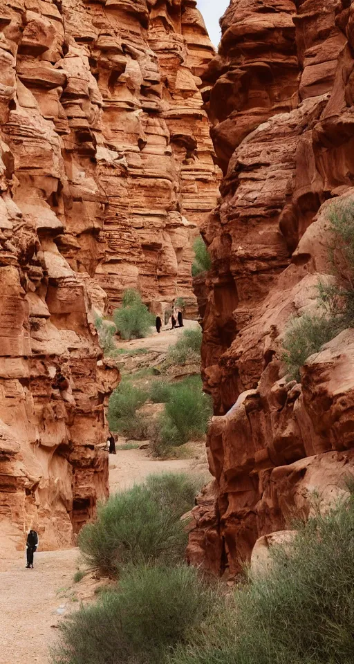 Image similar to narrow canyon in a desert, filled with flowers, caravan traders walking through on camels