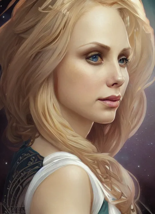 Image similar to beautiful portrait of blonde gianna michaels combined with kristenbell, by magali villeneuve and greg rutkowski and artgerm and alphonse mucha, intricate, elegant, highly detailed, photorealistic, trending on artstation, trending on cgsociety, 8 k, sharp focus