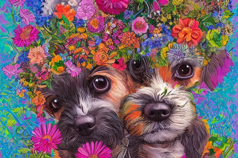 Prompt: a painting of a cute puppy with a lot of flowers and plants on its head, poster art by android jones, behance contest winner, generative art, made of flowers, grotesque, concert poster